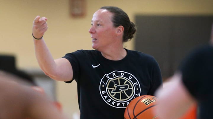 Purdue Boilermakers head coach Katie Gearlds gives drill instructions Purdue Boilermakers head coach Katie Gearlds gives drill instructions