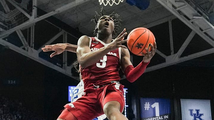 Arkansas Razorbacks forward Adou Thiero (3) got air for this reverse lay-up as he scored a team high 21 points as he helped lead the Razorbacks to a 89-79 win over No.12 Kentucky Saturday Feb. 1, 2025 at Rupp Arena in Lexington, Kentucky.