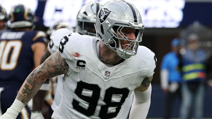 Las Vegas Raiders defensive end Maxx Crosby reacts after a tackle against the Los Angeles Chargers. Las Vegas Raiders defensive end Maxx Crosby reacts after a tackle against the Los Angeles Chargers.