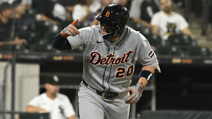 Aug 11, 2025; Chicago, Illinois, USA; Detroit Tigers first base Spencer Torkelson (20) points after he hits a home run during the ninth inning against the Chicago White Sox at Rate Field Aug 11, 2025; Chicago, Illinois, USA; Detroit Tigers first base Spencer Torkelson (20) points after he hits a home run during the ninth inning against the Chicago White Sox at Rate Field
