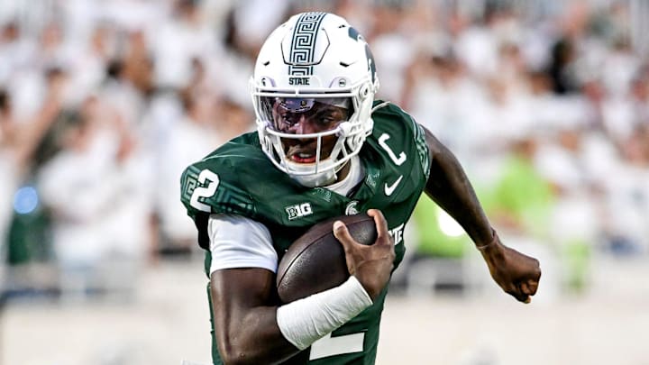 Michigan State's Aidan Chiles runs for a gain against Western Michigan during the second quarter on Friday, Aug. 29, 2025, in East Lansing. Michigan State's Aidan Chiles runs for a gain against Western Michigan during the second quarter on Friday, Aug. 29, 2025, in East Lansing.