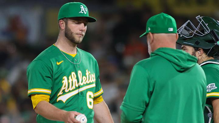 May 1, 2026; West Sacramento, California, USA; Athletics pitcher Justin Sterner (60) hands the ball to Athletics manager Mark Kotsay (7) after being pulled during the seventh inning against the Cleveland Guardians at Sutter Health Park. Mandatory Credit: Scott Marshall-Imagn Images May 1, 2026; West Sacramento, California, USA; Athletics pitcher Justin Sterner (60) hands the ball to Athletics manager Mark Kotsay (7) after being pulled during the seventh inning against the Cleveland Guardians at Sutter Health Park. Mandatory Credit: Scott Marshall-Imagn Images