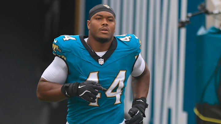 Jacksonville Jaguars defensive end Travon Walker (44) is introduced before an NFL football matchup Sunday, Oct. 6, 2024 at EverBank Stadium in Jacksonville, Fla. The Jaguars edged the Colts on a field goal 37-34. [Corey Perrine/Florida Times-Union]