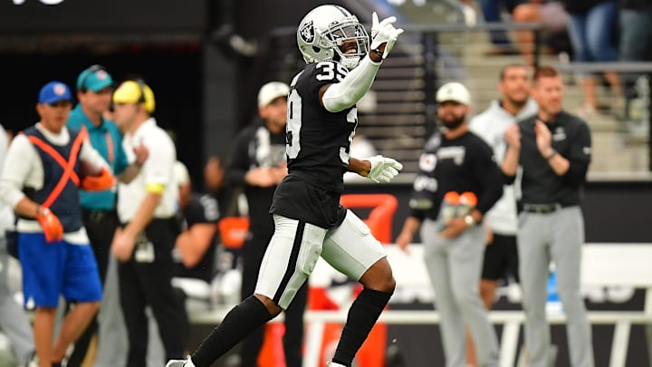 Oct 2, 2022; Paradise, Nevada, USA; Las Vegas Raiders cornerback Nate Hobbs (39) celebrates after he sacks Denver Broncos quarterback Russell Wilson (3) during the first half at Allegiant Stadium. 