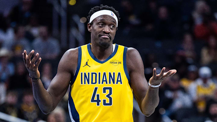 Indiana Pacers forward Pascal Siakam (43) reacts to a made basket in the first half against the Atlanta Hawks at Gainbridge Fieldhouse. Indiana Pacers forward Pascal Siakam (43) reacts to a made basket in the first half against the Atlanta Hawks at Gainbridge Fieldhouse.