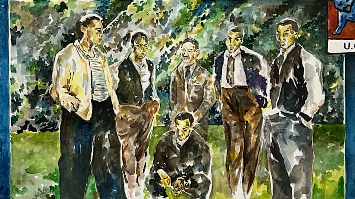 Watercolor of Jackie Robinson with UCLA football coach and teammates by Michael W. Lewis