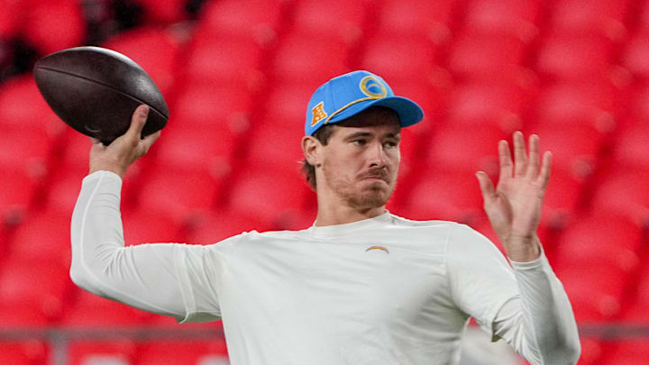 Dec 8, 2024; Kansas City, Missouri, USA; Los Angeles Chargers quarterback Justin Herbert (10) warms up against the Kansas City Chiefs prior to a game at GEHA Field at Arrowhead Stadium. 