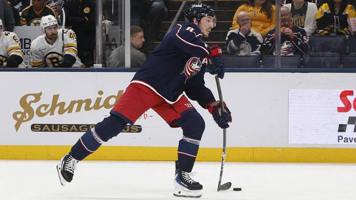 Apr 12, 2026; Columbus, Ohio, USA; Columbus Blue Jackets defenseman Zach Werenski (8) wrists a shot on goal against the Boston Bruins during the first period at Nationwide Arena. Mandatory Credit: Russell LaBounty-Imagn Images