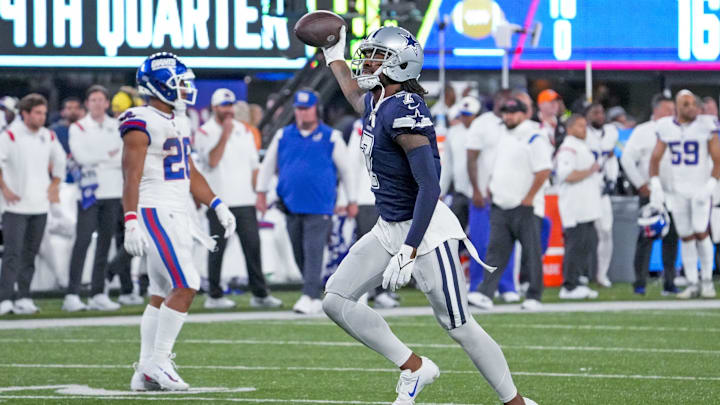 Sep 26, 2022; East Rutherford, NJ, USA;  Dallas Cowboys cornerback Trevon Diggs (7) celebrates after making an interception during the fourth quarter against the New York Giants at MetLife Stadium. Mandatory Credit: Robert Deutsch-USA TODAY Sports