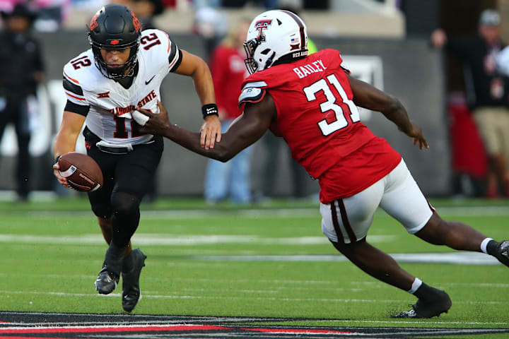 Texas Tech Red Raiders defensive end David Bailey pressures Oklahoma State Cowboys quarterback Noah Walters. Texas Tech Red Raiders defensive end David Bailey pressures Oklahoma State Cowboys quarterback Noah Walters.