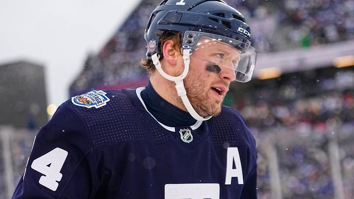 Mar 13, 2022; Hamilton, Ontario, CAN; Toronto Maple Leafs defenseman Morgan Rielly (44) during the first period in the 2022 Heritage Classic ice hockey game at Tim Hortons Field. Mandatory Credit: John E. Sokolowski-USA TODAY Sports Mar 13, 2022; Hamilton, Ontario, CAN; Toronto Maple Leafs defenseman Morgan Rielly (44) during the first period in the 2022 Heritage Classic ice hockey game at Tim Hortons Field. Mandatory Credit: John E. Sokolowski-USA TODAY Sports
