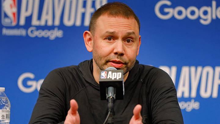 Apr 23, 2026; Minneapolis, Minnesota, USA; Denver Nuggets head coach David Adelman answers questions at a press conference before the game against the Minnesota Timberwolves at Target Center. Mandatory Credit: Bruce Kluckhohn-Imagn Images