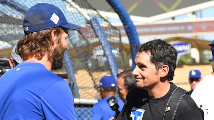 Los Angeles Dodgers starting pitcher Clayton Kershaw (left) greets country music artist Brad Paisley before game two of the 2017 World Series against the Houston Astros at Dodger Stadium on Oct. 25, 2017. Los Angeles Dodgers starting pitcher Clayton Kershaw (left) greets country music artist Brad Paisley before game two of the 2017 World Series against the Houston Astros at Dodger Stadium on Oct. 25, 2017.