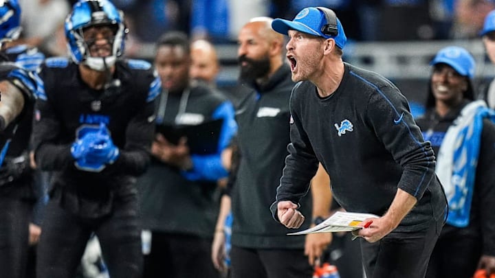 Former Detroit Lions offensive coordinator Ben Johnson celebrates a play against the Minnesota Vikings during the second half at Ford Field in Detroit on Sunday, Jan. 5, 2025.
