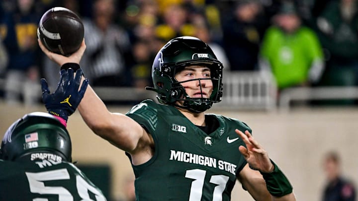 Michigan State's Alessio Milivojevic throws a pass against Michigan during the fourth quarter on Saturday, Oct. 25, 2025, at Spartan Stadium in East Lansing. Michigan State's Alessio Milivojevic throws a pass against Michigan during the fourth quarter on Saturday, Oct. 25, 2025, at Spartan Stadium in East Lansing.