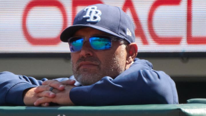 Aug 17, 2025; San Francisco, California, USA; Tampa Bay Rays manager Kevin Cash (16) looks on against the San Francisco Giants during the seventh inning at Oracle Park. 