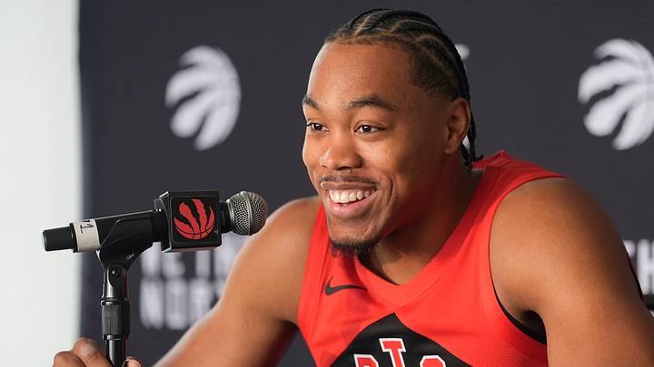 Sep 28, 2026; Toronto, ON, Canada;  Toronto Raptors guard Scottie Barnes (4) talks to the media during Toronto Raptors-Media Day at Hotel-X.  Mandatory Credit: John E. Sokolowski-Imagn Images