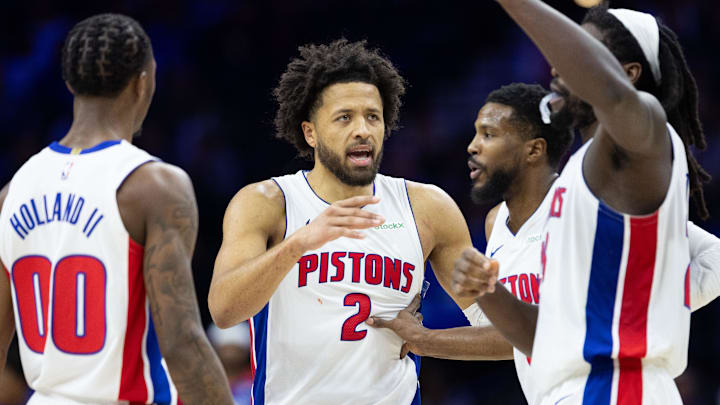 Oct 30, 2024; Philadelphia, Pennsylvania, USA; Detroit Pistons guard Cade Cunningham (2) talks with his teammates during a timeout in the fourth quarter against the Philadelphia 76ers at Wells Fargo Center. Mandatory Credit: Bill Streicher-Imagn Images Oct 30, 2024; Philadelphia, Pennsylvania, USA; Detroit Pistons guard Cade Cunningham (2) talks with his teammates during a timeout in the fourth quarter against the Philadelphia 76ers at Wells Fargo Center. Mandatory Credit: Bill Streicher-Imagn Images