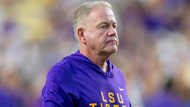 Oct 11, 2025; Baton Rouge, Louisiana, USA; LSU Tigers head coach Brian Kelly looks on against the South Carolina Gamecocks during the first half at Tiger Stadium. Mandatory Credit: Stephen Lew-Imagn Images Oct 11, 2025; Baton Rouge, Louisiana, USA; LSU Tigers head coach Brian Kelly looks on against the South Carolina Gamecocks during the first half at Tiger Stadium. Mandatory Credit: Stephen Lew-Imagn Images