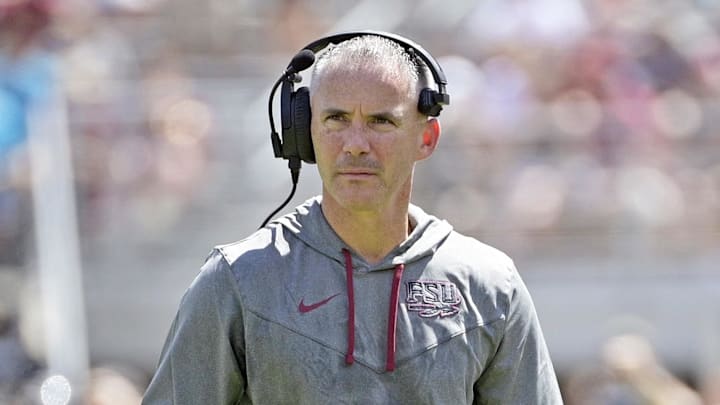 Sep 14, 2024; Tallahassee, Florida, USA; Florida State Seminoles head coach Mike Norvell looks on during the first half against the Memphis Tigers at Doak S. Campbell Stadium. Mandatory Credit: Melina Myers-Imagn Images
