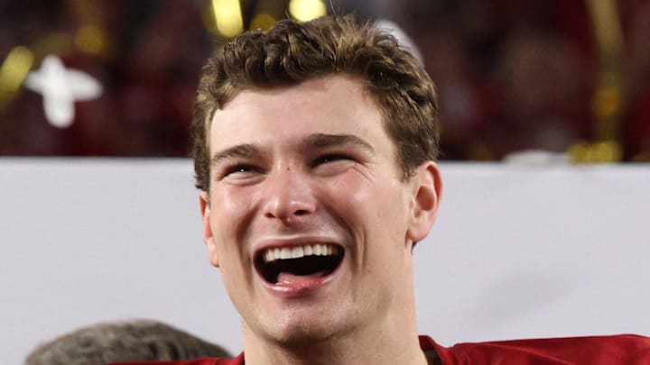 Indiana QB Fernando Mendoza celebrates winning the National Championship.