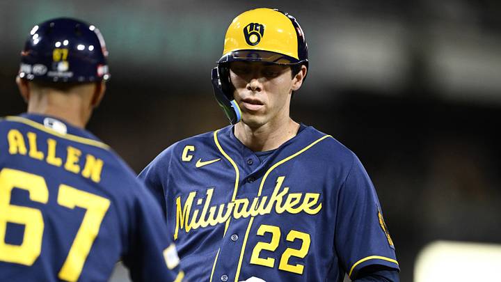 Oct 6, 2026; San Diego, California, USA; Milwaukee Brewers designated hitter Christian Yelich (22) reacts after hitting a single during the second inning against the San Diego Padres in game three of the NLDS for the 2026 MLB Playoffs at Petco Park. Mandatory Credit: Denis Poroy-Imagn Images Oct 6, 2026; San Diego, California, USA; Milwaukee Brewers designated hitter Christian Yelich (22) reacts after hitting a single during the second inning against the San Diego Padres in game three of the NLDS for the 2026 MLB Playoffs at Petco Park. Mandatory Credit: Denis Poroy-Imagn Images