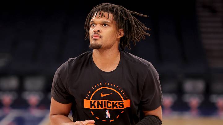 New York Knicks forward Dillon Jones (1) warms up before a game against the Portland Trail Blazers at Madison Square Garden. 