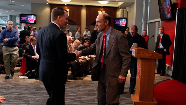 Dec 5, 2014; Lincoln, NE, USA; Nebraska Cornhuskers head coach Mike Riley (right) shakes hands with athletic director Shawn Eichorst at Memorial Stadium. Mandatory Credit: Bruce Thorson-USA TODAY Sports Dec 5, 2014; Lincoln, NE, USA; Nebraska Cornhuskers head coach Mike Riley (right) shakes hands with athletic director Shawn Eichorst at Memorial Stadium. Mandatory Credit: Bruce Thorson-USA TODAY Sports