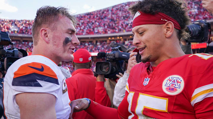 Denver Broncos quarterback Bo Nix and Kansas City Chiefs quarterback Patrick Mahomes