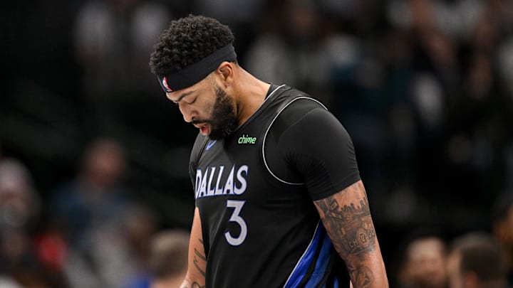 Dec 23, 2025; Dallas, Texas, USA; Dallas Mavericks forward Anthony Davis (3) looks down during the game between the Mavericks and the Nuggets at the American Airlines Center. Mandatory Credit: Jerome Miron-Imagn Images