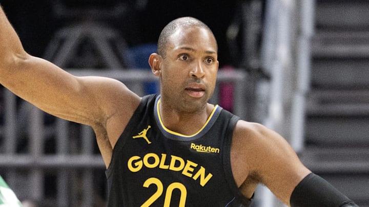 Feb 19, 2026; San Francisco, California, USA; Golden State Warriors center Al Horford (20) looks for an open teammate over Boston Celtics guard Derrick White (9) during the second quarter at Chase Center. Mandatory Credit: D. Ross Cameron-Imagn Images