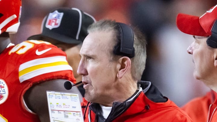Jan 26, 2025; Kansas City, MO, USA; Kansas City Chiefs defensive coordinator Steve Spagnuolo against the Buffalo Bills in the AFC Championship game at GEHA Field at Arrowhead Stadium. Mandatory Credit: Mark J. Rebilas-Imagn Images Jan 26, 2025; Kansas City, MO, USA; Kansas City Chiefs defensive coordinator Steve Spagnuolo against the Buffalo Bills in the AFC Championship game at GEHA Field at Arrowhead Stadium. Mandatory Credit: Mark J. Rebilas-Imagn Images