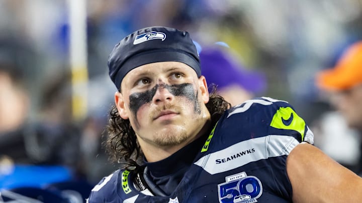 Seattle Seahawks linebacker Drake Thomas during Super Bowl LX