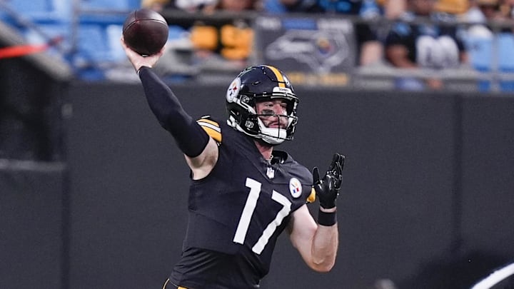 Aug 21, 2025; Charlotte, North Carolina, USA; Pittsburgh Steelers quarterback Skylar Thompson (17) throws against the Carolina Panthers  during the second quarter at Bank of America Stadium. Mandatory Credit: Jim Dedmon-Imagn Images