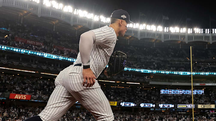 Oct 8, 2025; Bronx, New York, USA; New York Yankees right fielder Aaron Judge (99) takes the field to play against the Toronto Blue Jays during game four of the ALDS round for the 2025 MLB playoffs at Yankee Stadium. Mandatory Credit: Vincent Carchietta-Imagn Images