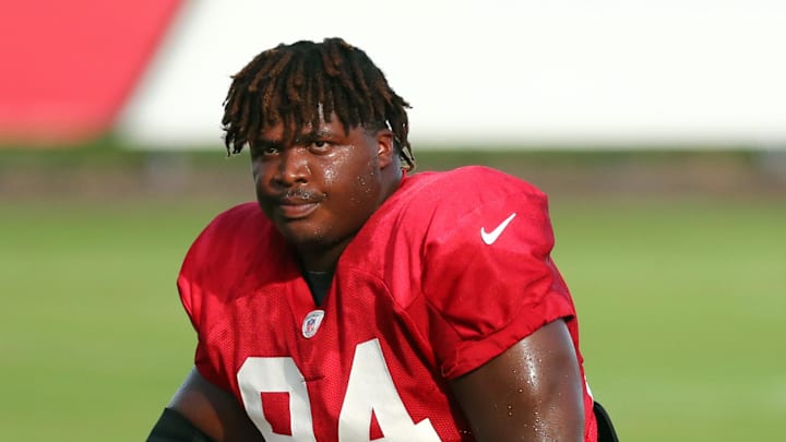 Tampa Bay Buccaneers defensive tackle Khalil Davis works out at AdventHealth Training Center. Tampa Bay Buccaneers defensive tackle Khalil Davis works out at AdventHealth Training Center.