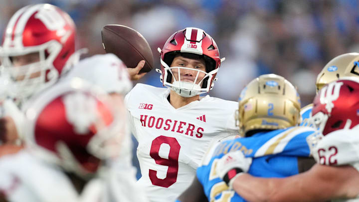 Sep 14, 2024; Pasadena, California, USA; Indiana Hoosiers quarterback Kurtis Rourke throws the ball in the second half against the UCLA Bruins at Rose Bowl. 