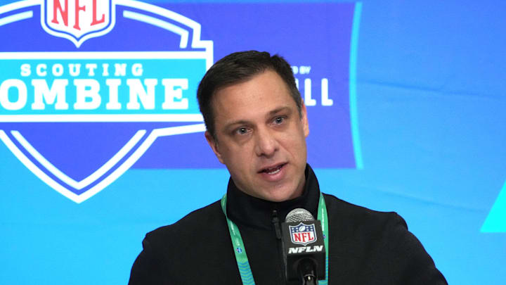Feb 27, 2024; Indianapolis, IN, USA; Kansas City Chiefs general manager Brett Veach speaks during a press conference at the NFL Scouting Combine at Indiana Convention Center. Mandatory Credit: Kirby Lee-Imagn Images
