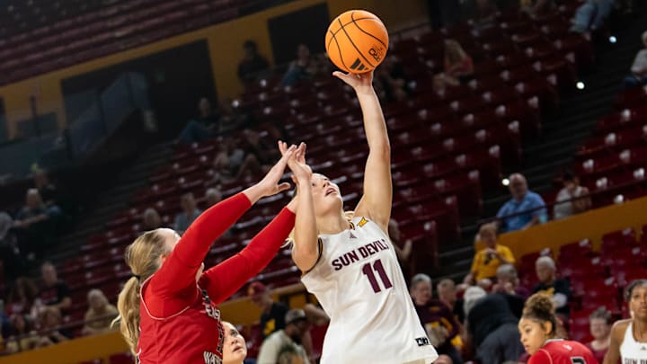 Arizona State Sun Devils Marley Washenitz (11) jumps to shoot the ball during a game against the Eastern Washington Eagles at Desert Financial Arena in Tempe, on Nov. 8, 2025.