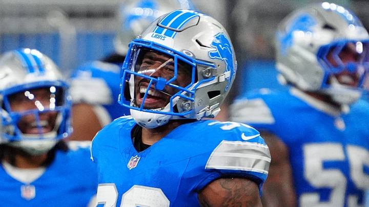Detroit Lions safety Chuck Clark (36) celebrates a defensive stop that gave the Lions the win against New York Jets 31-24 at Ford Field in Detroit, Sunday, Sept. 27, 2026.