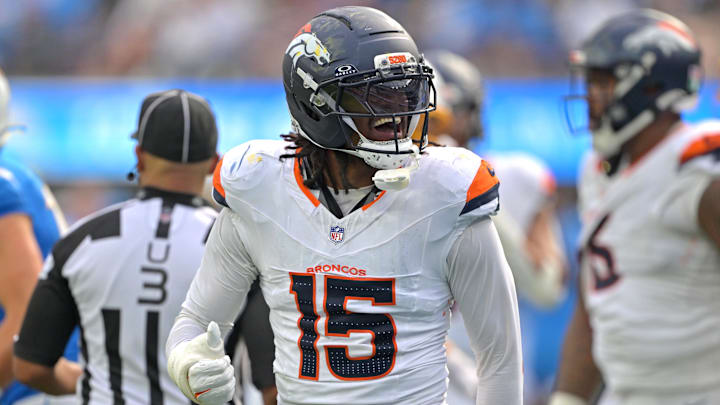 Sep 21, 2025; Inglewood, California, USA; Denver Broncos linebacker Nik Bonitto (15) celebrates after a sack of Los Angeles Chargers quarterback Justin Herbert (10) in the second half at SoFi Stadium. Sep 21, 2025; Inglewood, California, USA; Denver Broncos linebacker Nik Bonitto (15) celebrates after a sack of Los Angeles Chargers quarterback Justin Herbert (10) in the second half at SoFi Stadium.