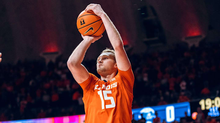 Illinois forward Jake Davis (15) rises up for a three-point attempt in the Illini's 113-70 win over Florida Gulf Coast last Friday at State Farm Center in Champaign, Illinois. Illinois forward Jake Davis (15) rises up for a three-point attempt in the Illini's 113-70 win over Florida Gulf Coast last Friday at State Farm Center in Champaign, Illinois.