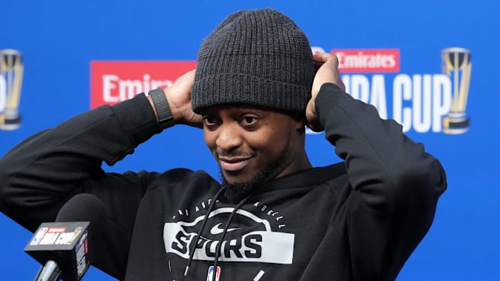 Dec 15, 2025; Las Vegas, NV, USA; San Antonio Spurs guard De'Aaron Fox (4) at press conference prior to the Emirates NBA Cup championship at the T-Mobile Arena. Mandatory Credit: Kirby Lee-Imagn Images