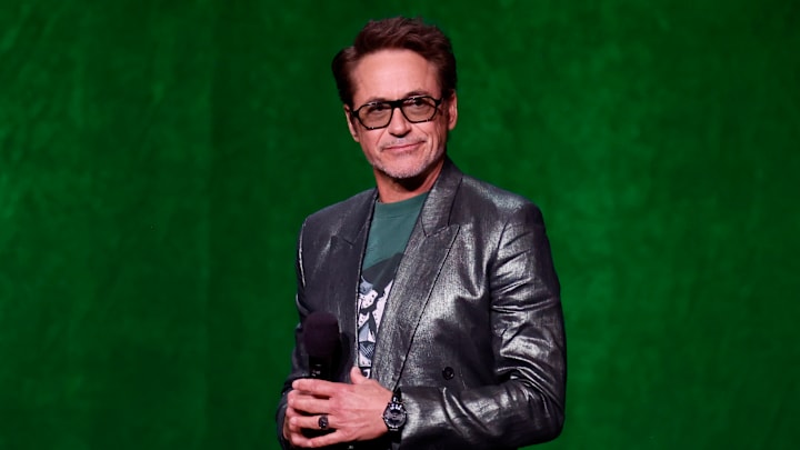 LAS VEGAS, NEVADA - APRIL 16: Robert Downey Jr. promotes the upcoming film "Avengers: Doomsday" at the Walt Disney Studios CinemaCon presentation