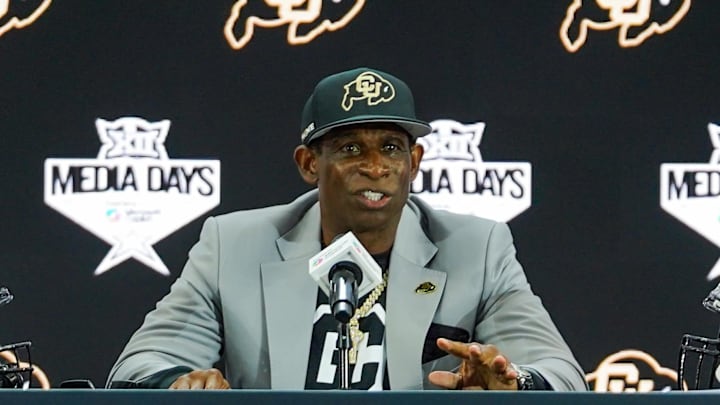 Jul 9, 2025; Frisco, TX, USA; Colorado head coach Deion Sanders speaks with the media during 2025 Big 12 Football Media Days at The Star.