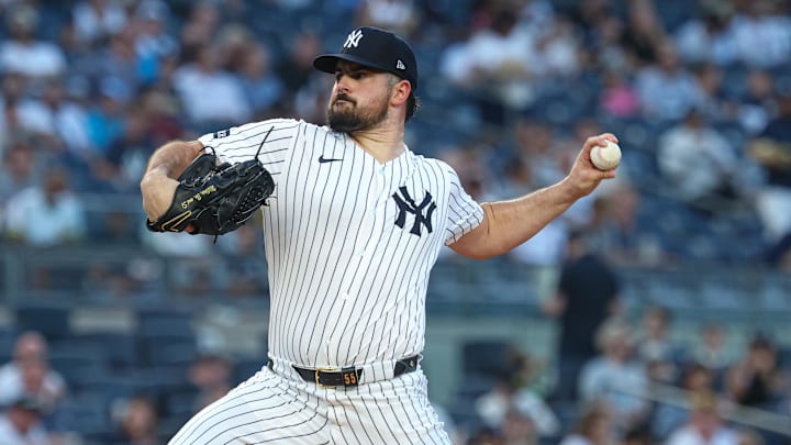 Aug 12, 2025; Bronx, New York, USA; New York Yankees starting pitcher Carlos Rodon (55) delivers a pitch during the first inning against the Minnesota Twins at Yankee Stadium. Mandatory Credit: Vincent Carchietta-Imagn Images Aug 12, 2025; Bronx, New York, USA; New York Yankees starting pitcher Carlos Rodon (55) delivers a pitch during the first inning against the Minnesota Twins at Yankee Stadium. Mandatory Credit: Vincent Carchietta-Imagn Images