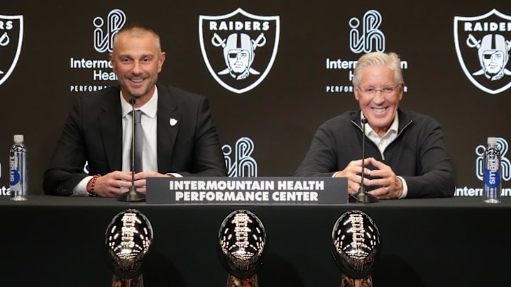 Jan 27, 2025; Las Vegas, NV, USA; Las Vegas Raiders general manager John Spytek (left) and coach Pete Carroll at press conference at Intermountain Health Performance Center. Mandatory Credit: Kirby Lee-Imagn Images Jan 27, 2025; Las Vegas, NV, USA; Las Vegas Raiders general manager John Spytek (left) and coach Pete Carroll at press conference at Intermountain Health Performance Center. Mandatory Credit: Kirby Lee-Imagn Images