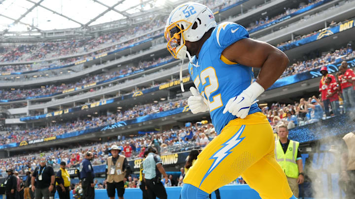 Los Angeles Chargers linebacker Khalil Mack (52) enters the field before the game against the Kansas City Chiefs at SoFi Stadium.