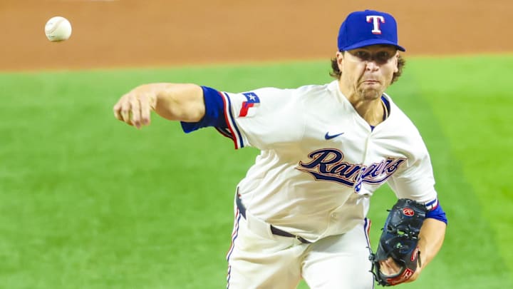 Apr 5, 2025; Arlington, Texas, USA; Texas Rangers starting pitcher Jacob deGrom (48) throws during the fifth inning against the Tampa Bay Rays at Globe Life Field.