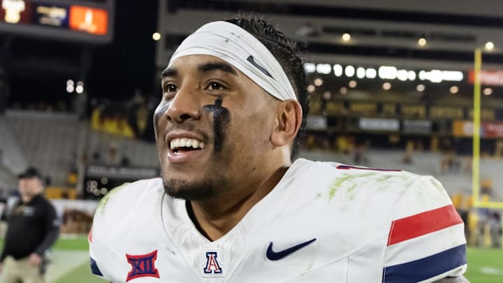 Nov 28, 2025; Tempe, Arizona, USA; Arizona Wildcats quarterback Noah Fifita (1) after defeating the Arizona State Sun Devils in the 99th Territorial Cup at Mountain America Stadium. Mandatory Credit: Mark J. Rebilas-Imagn Images